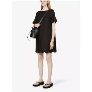 LISA MARIE FERNANDEZ Scalloped Boat-Neck Linen Mini Dress in Black